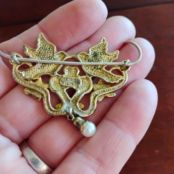 Vintage Gorham Sterling Love Birds Doves Pearl Heart Drop necklace on 18" Chain - Picture 3 of 8